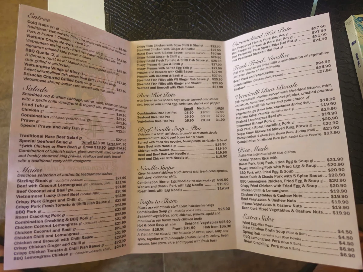 Menu, Vietnam Restaurant