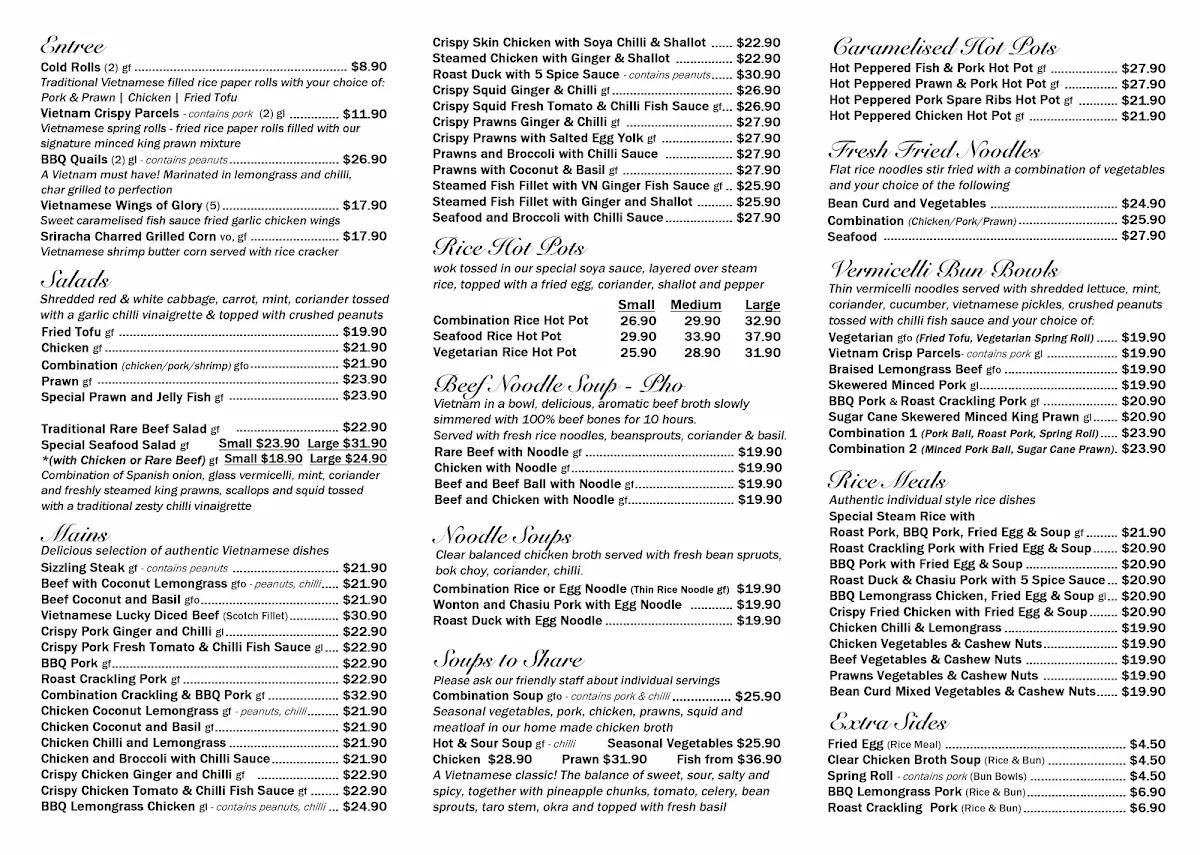 Menu, Vietnam Restaurant