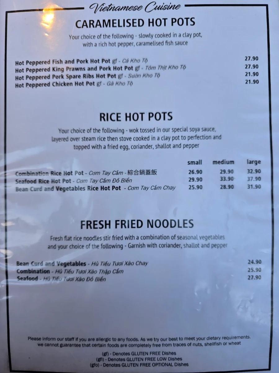 Menu, Vietnam Restaurant