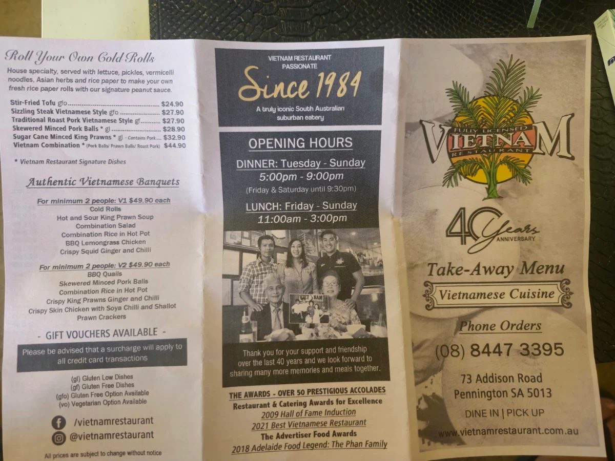 Menu, Vietnam Restaurant