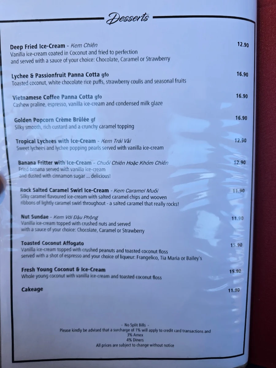 Menu, Vietnam Restaurant