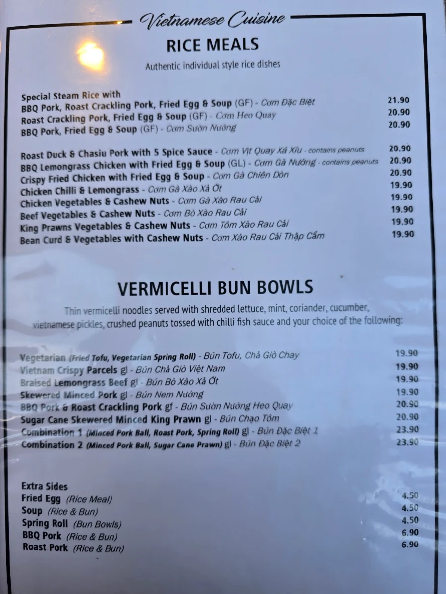 Menu, Vietnam Restaurant