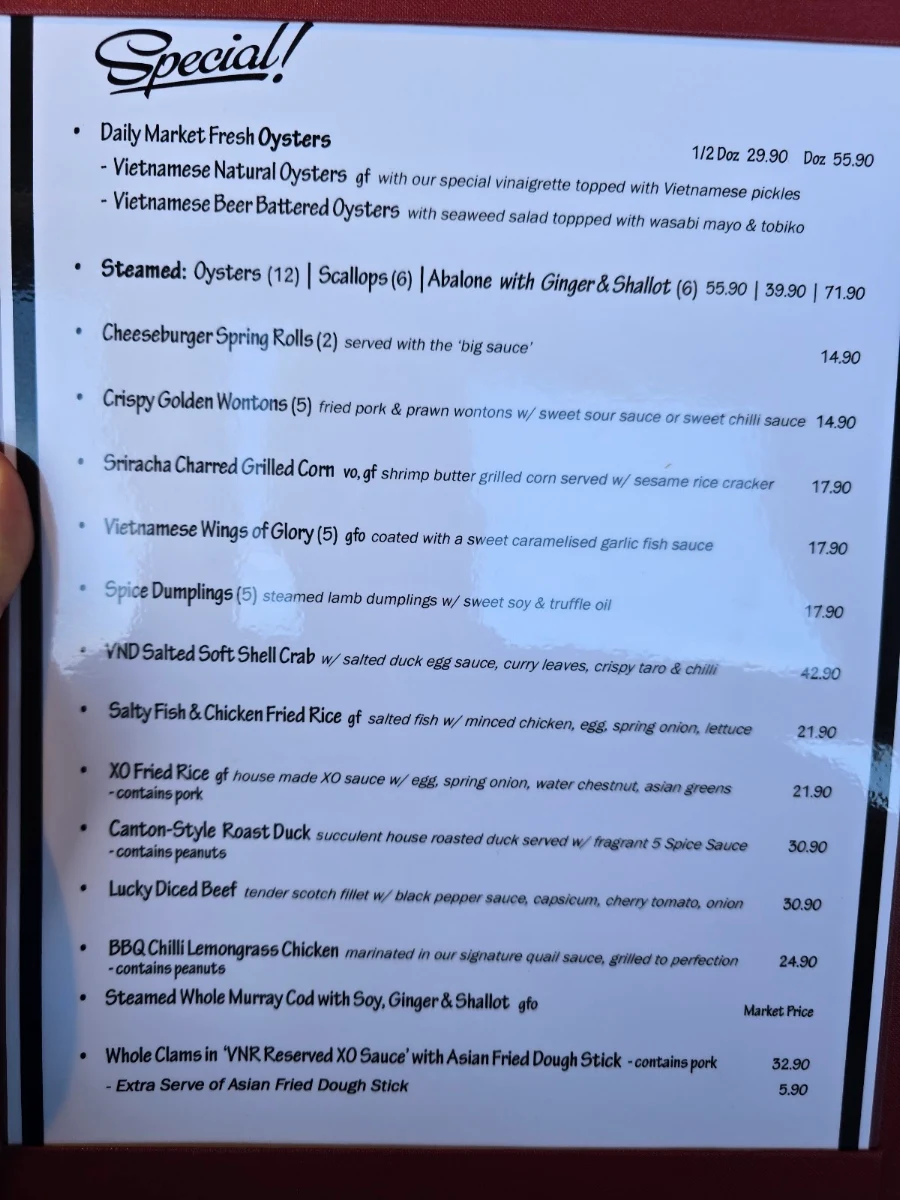 Menu, Vietnam Restaurant
