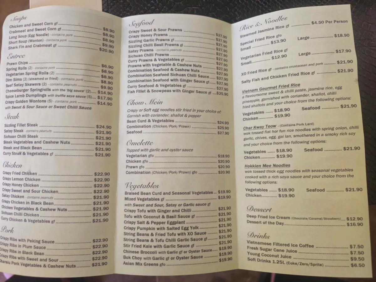 Menu, Vietnam Restaurant