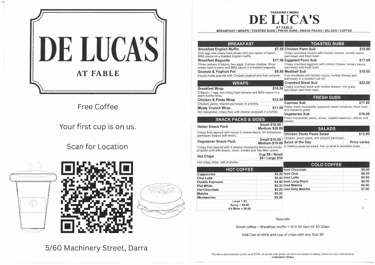 Menu, De Luca's at Fable