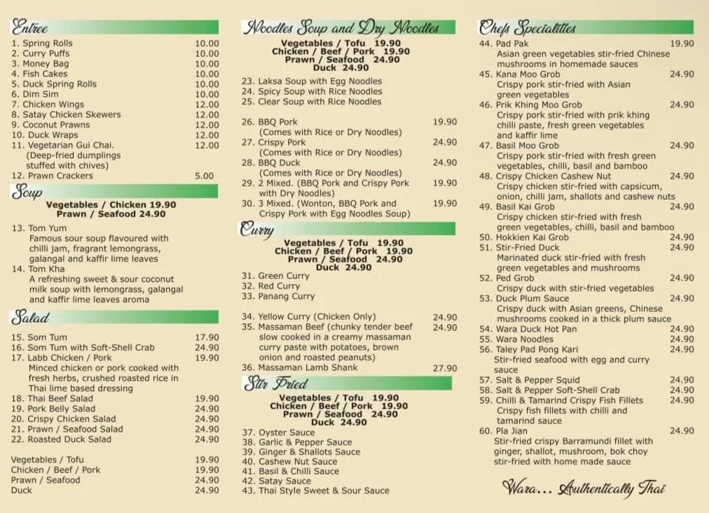 Menu, Wara Thai restaurant