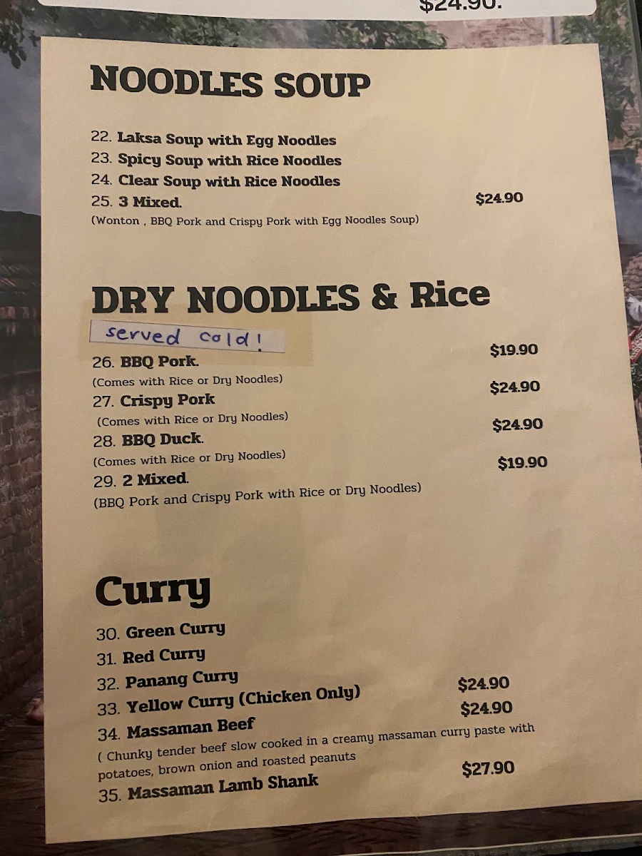 Menu, Wara Thai restaurant