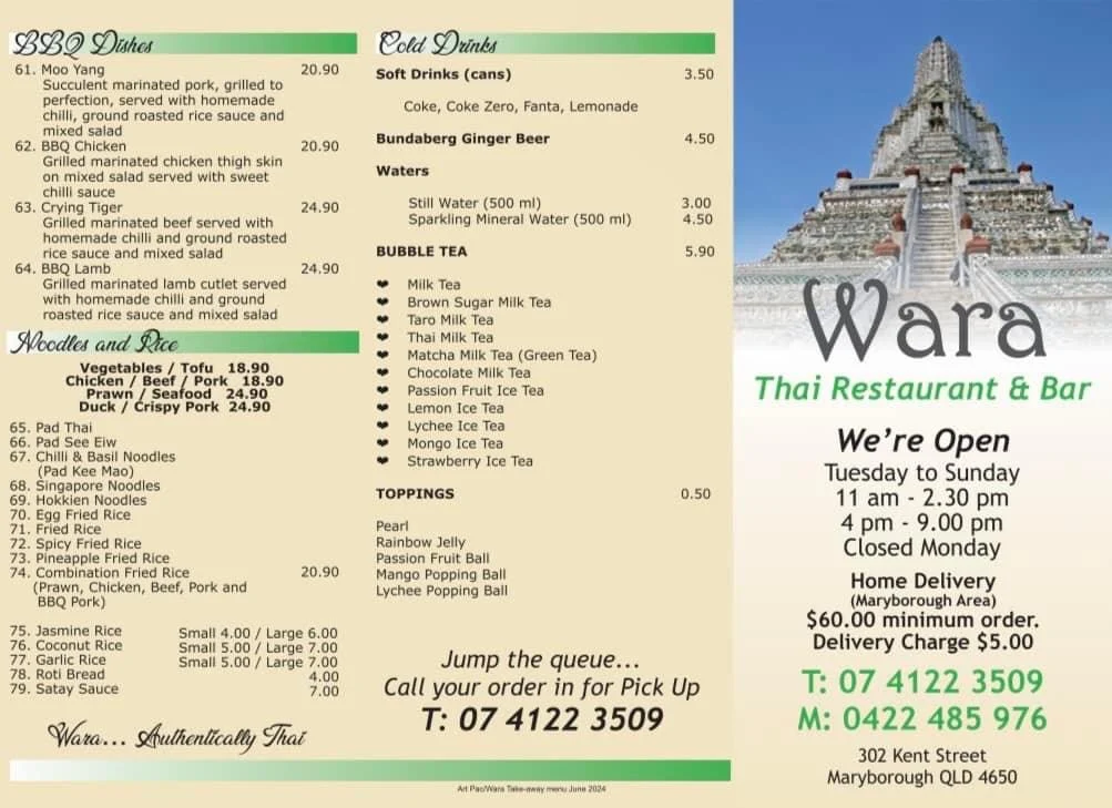 Menu, Wara Thai restaurant
