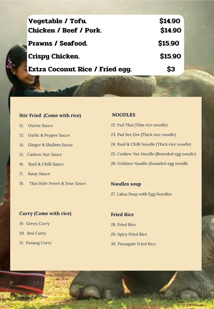 Menu, Wara Thai restaurant