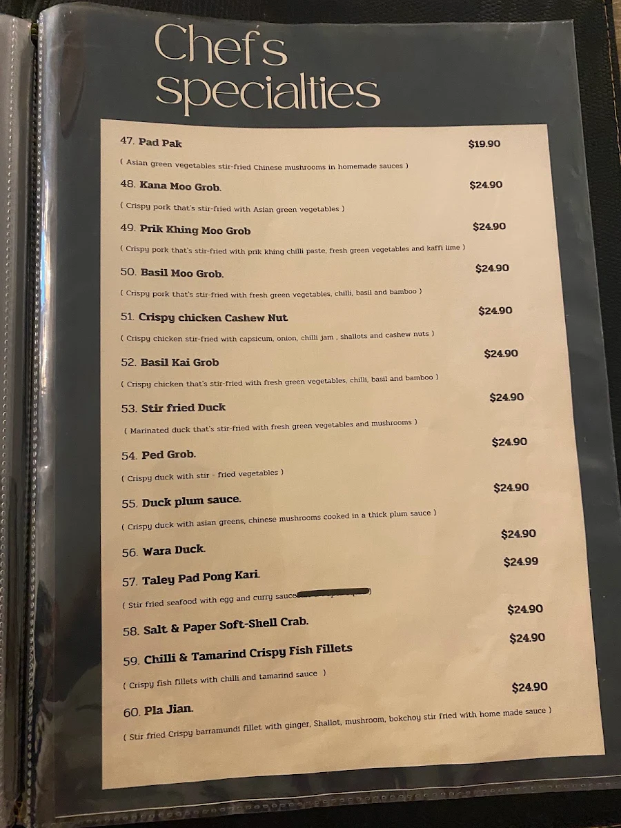 Menu, Wara Thai restaurant