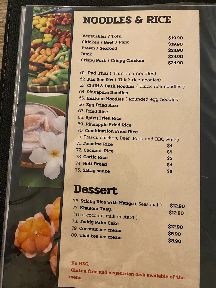 Menu, Wara Thai restaurant