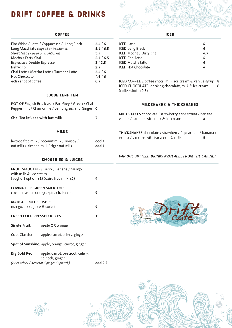 Menu, Drift Cafe Margaret River