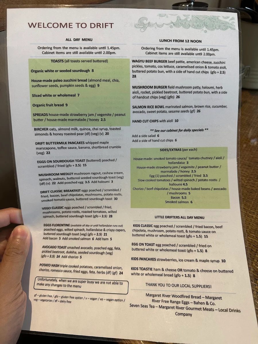 Menu, Drift Cafe Margaret River