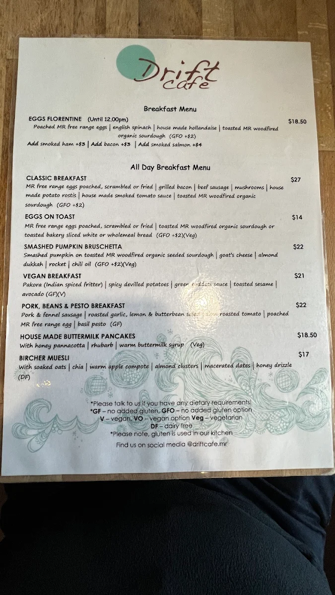 Menu, Drift Cafe Margaret River