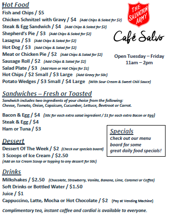 Menu, Cafe Salvos