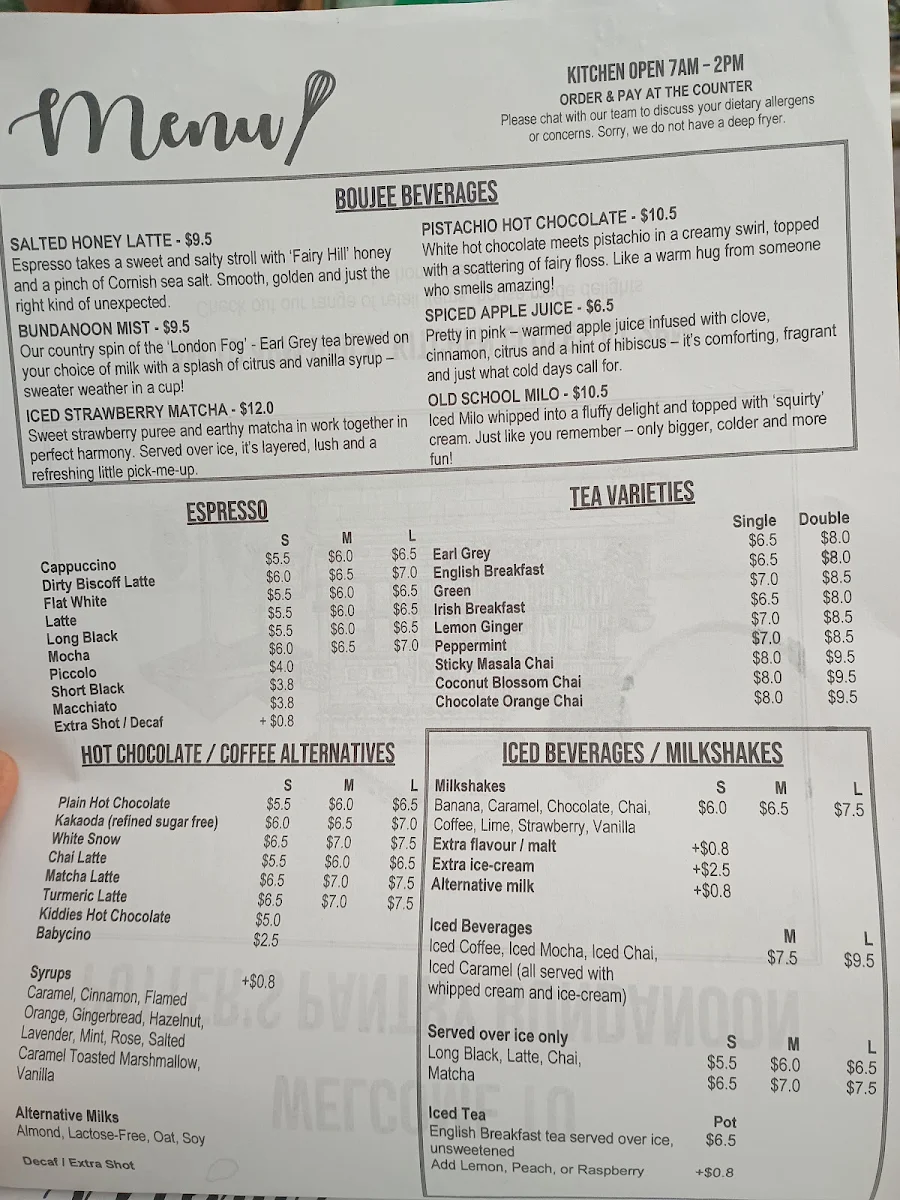 Menu, Potter's Pantry Bundanoon