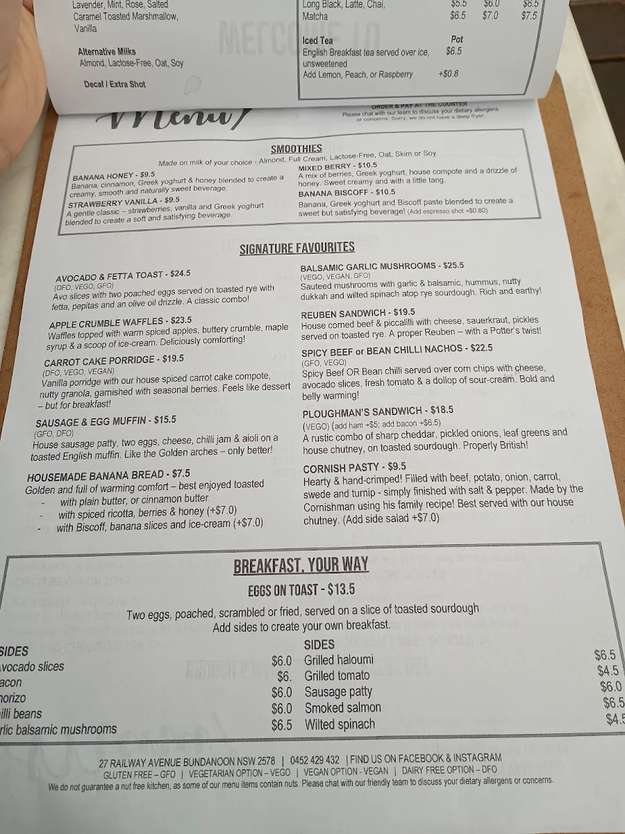 Menu, Potter's Pantry Bundanoon