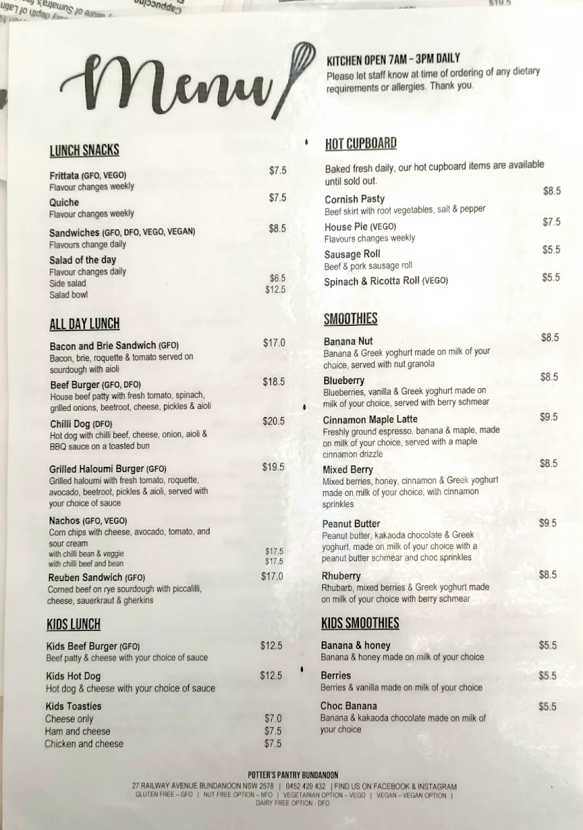 Menu, Potter's Pantry Bundanoon