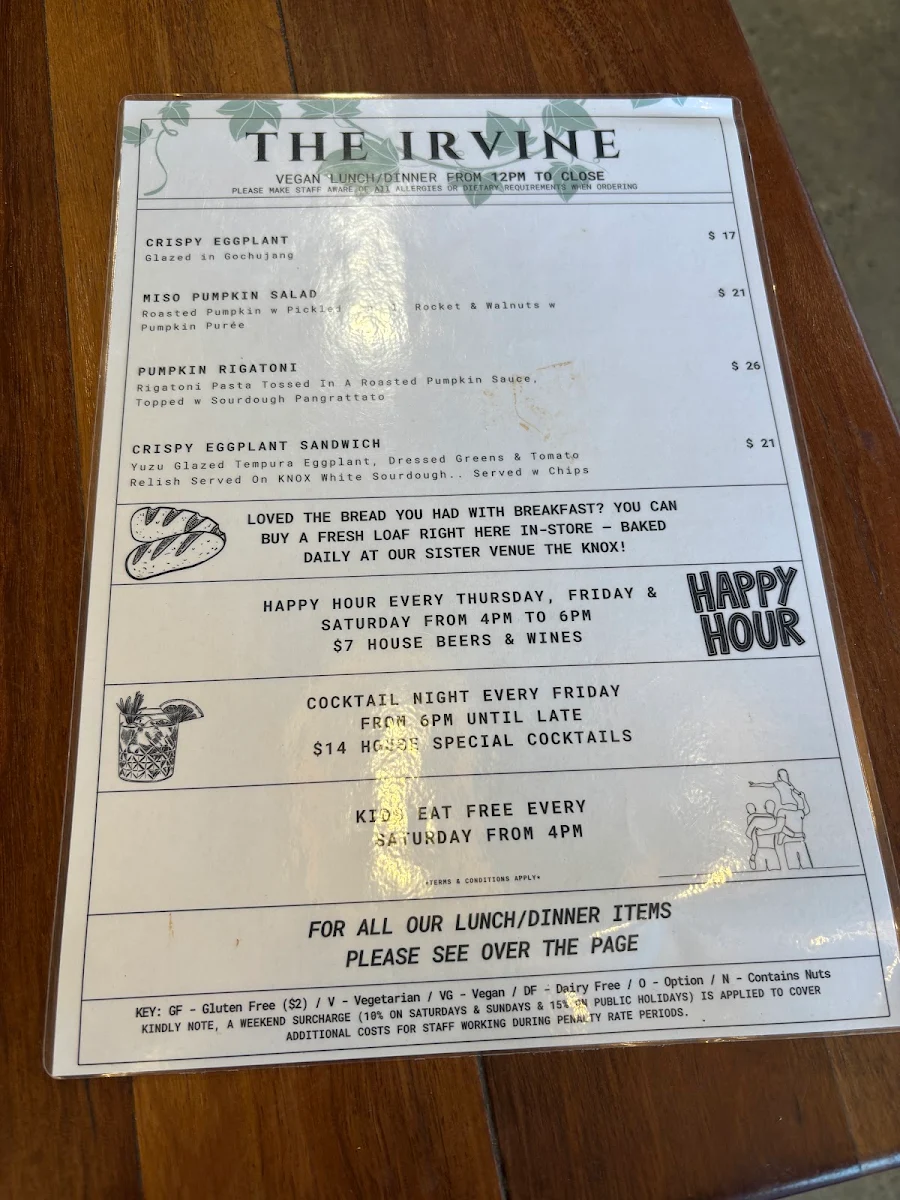 Menu, The Irvine Cafe & Bar