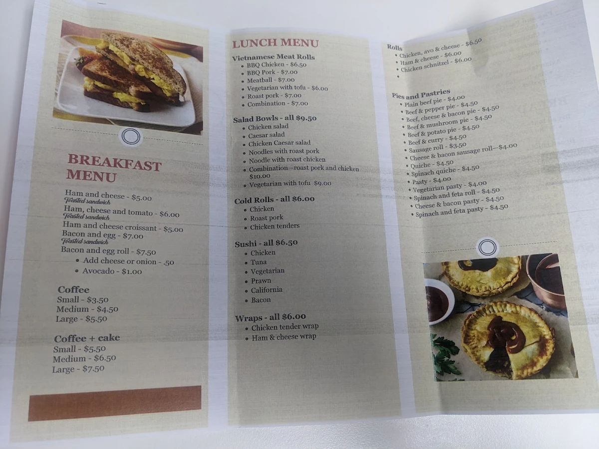 Menu, Royal Park Bakery & Takeaway