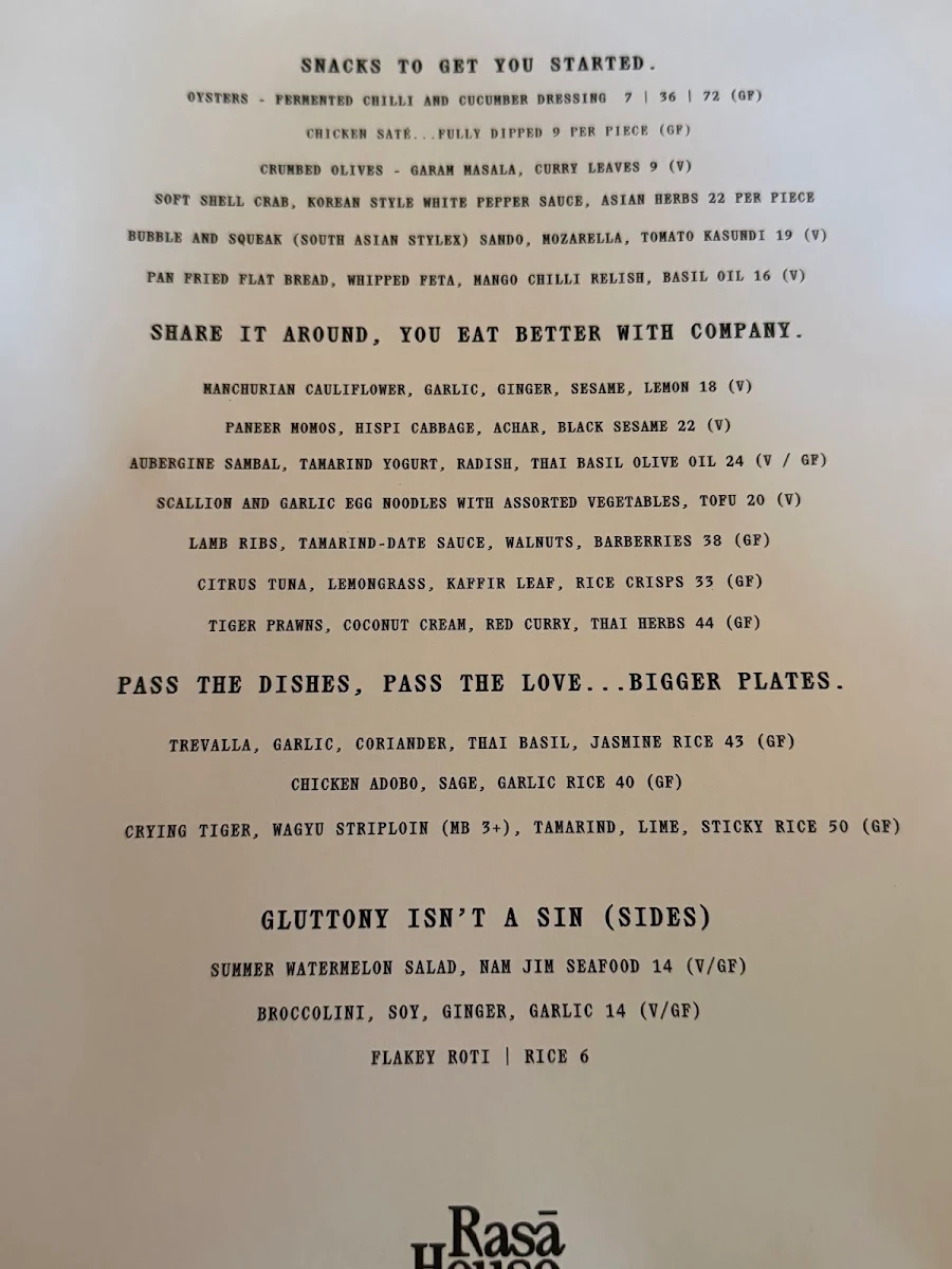 Menu, Rasā House