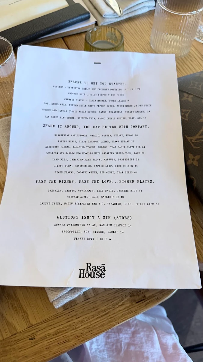 Menu, Rasā House