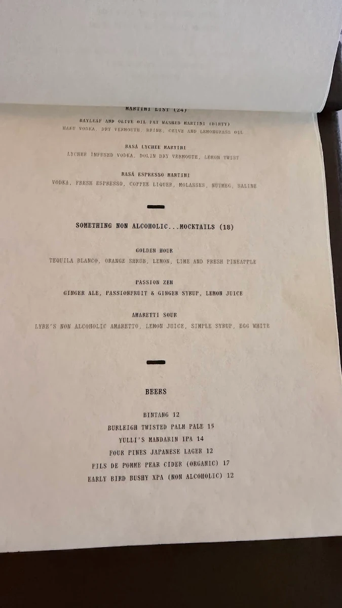 Menu, Rasā House