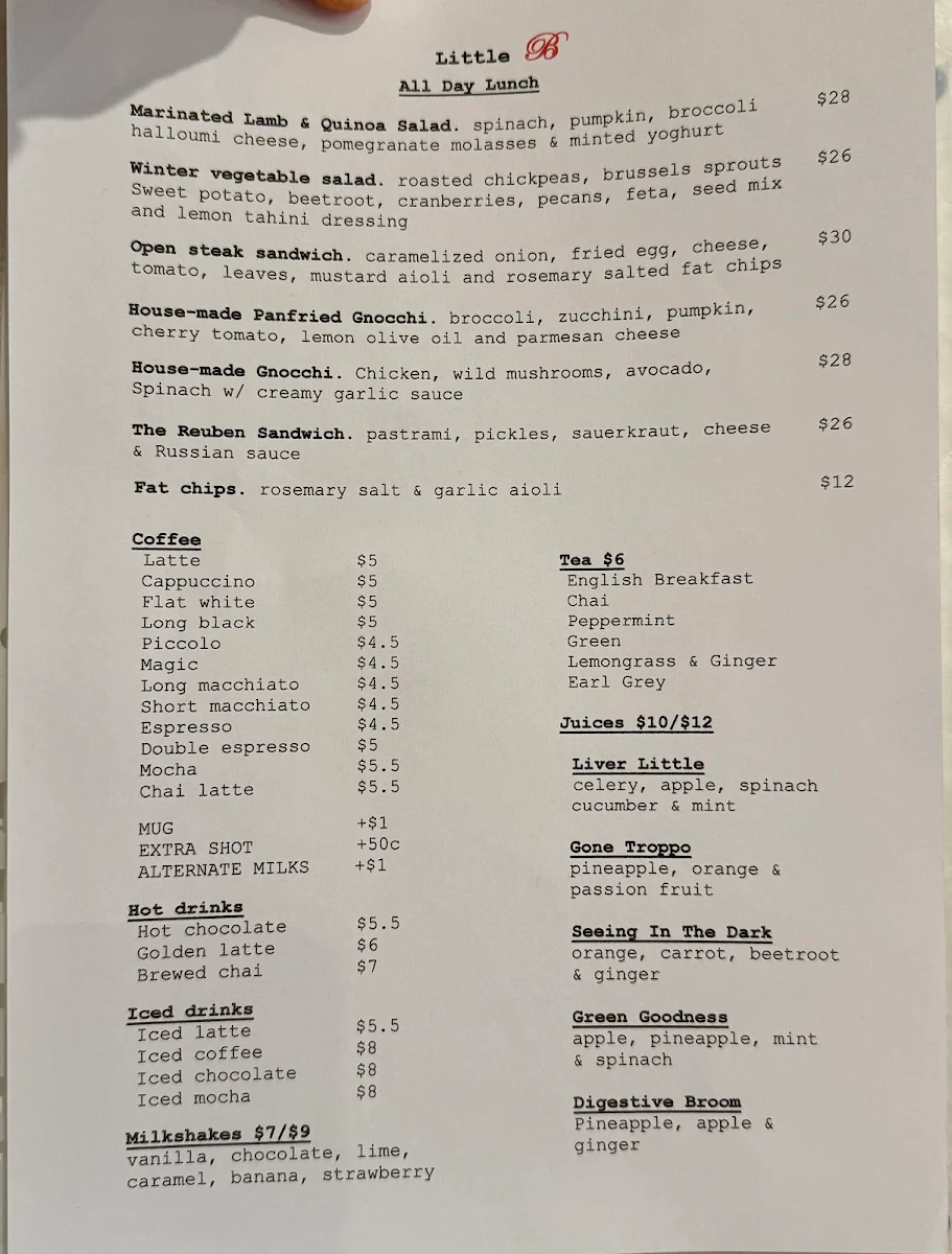 Menu, Little B