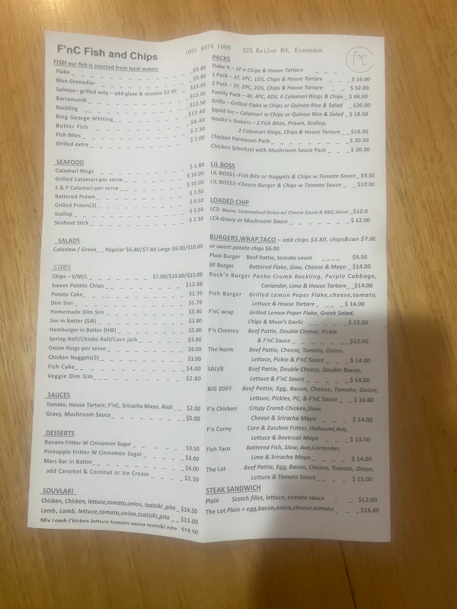 Menu, f’nc fish ‘n chips Essendon