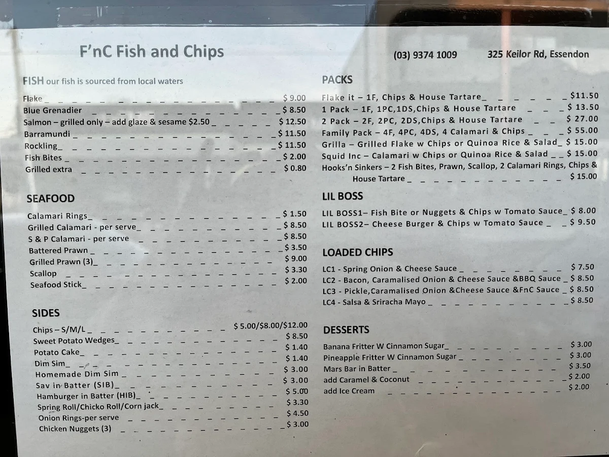 Menu, f’nc fish ‘n chips Essendon