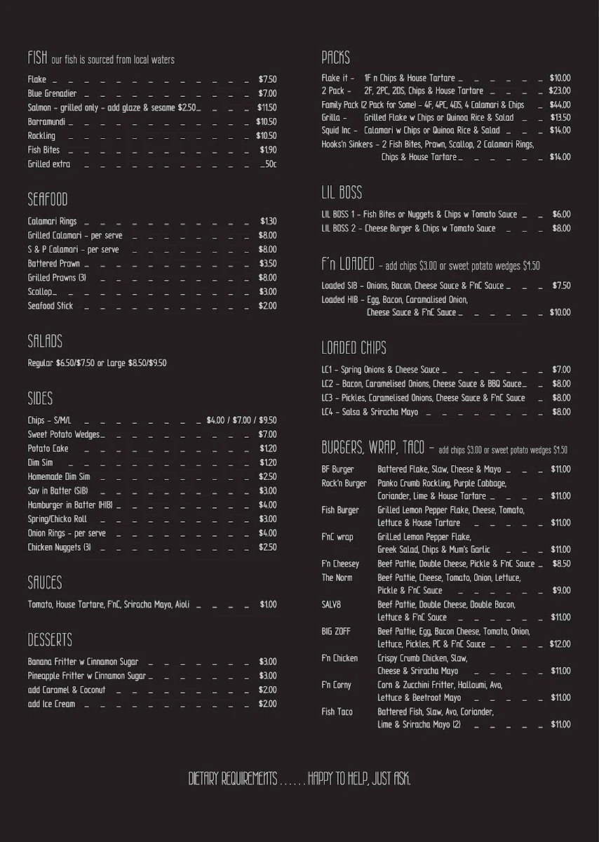 Menu, f’nc fish ‘n chips Essendon