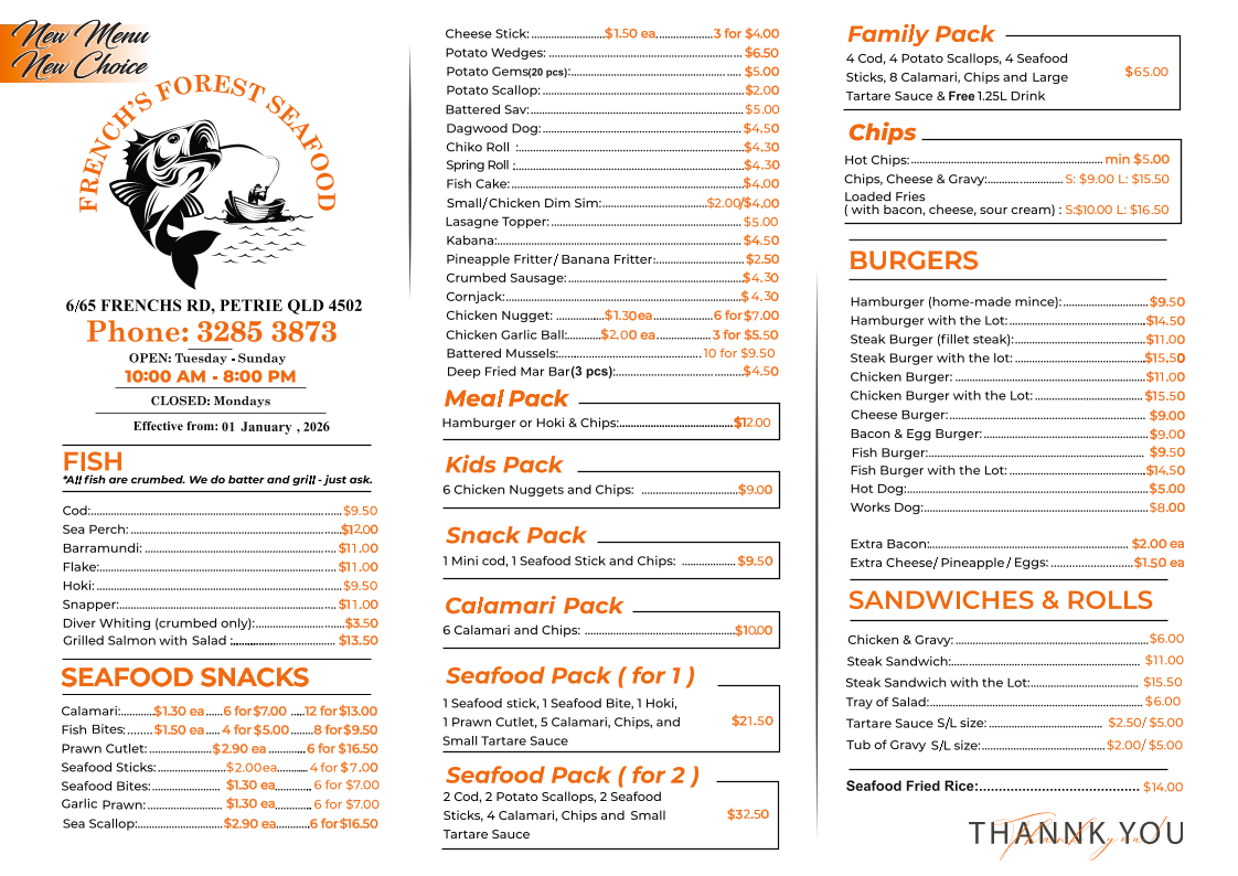 Menu, French's Forest Seafood and Takeaway