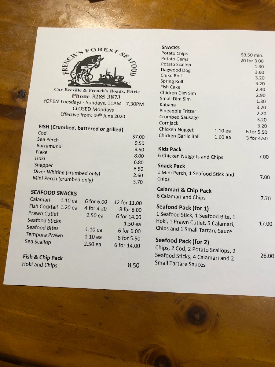 Menu, French's Forest Seafood and Takeaway