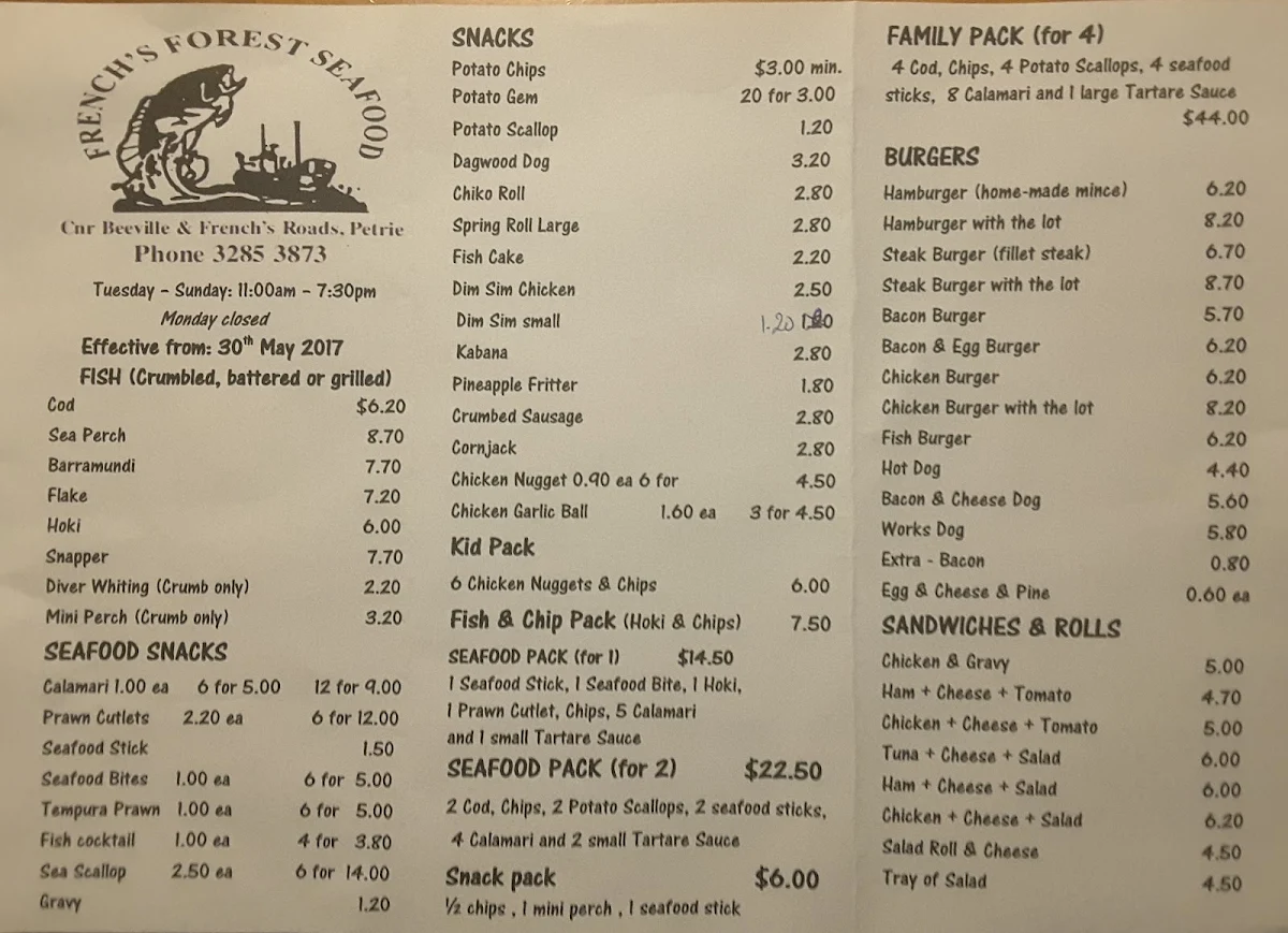 Menu, French's Forest Seafood and Takeaway