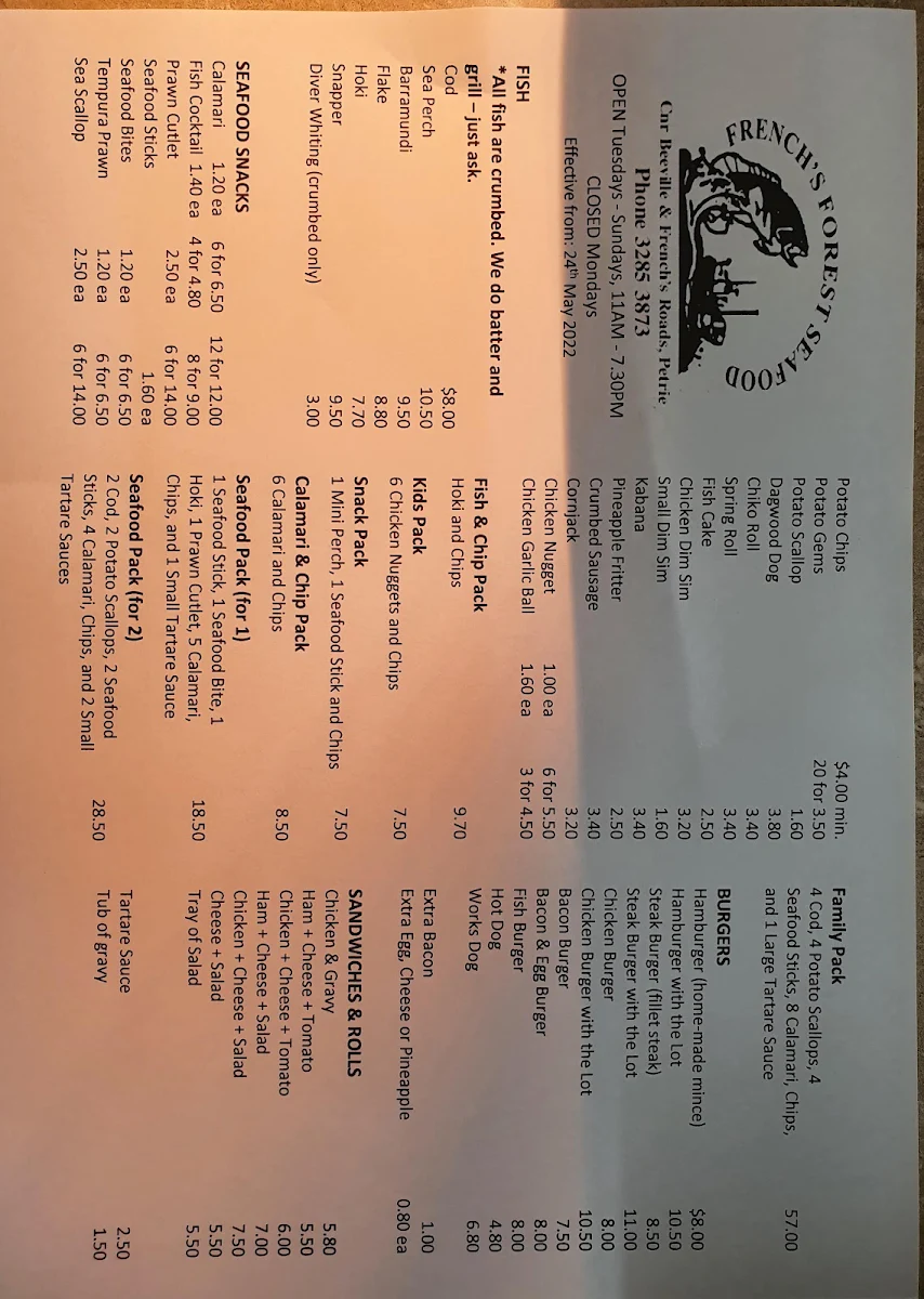 Menu, French's Forest Seafood and Takeaway