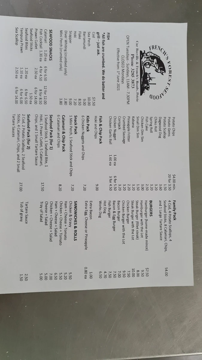 Menu, French's Forest Seafood and Takeaway