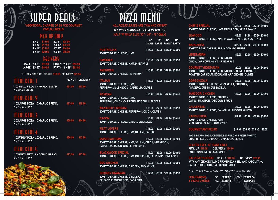 Menu, Blackwood Pizza Bar