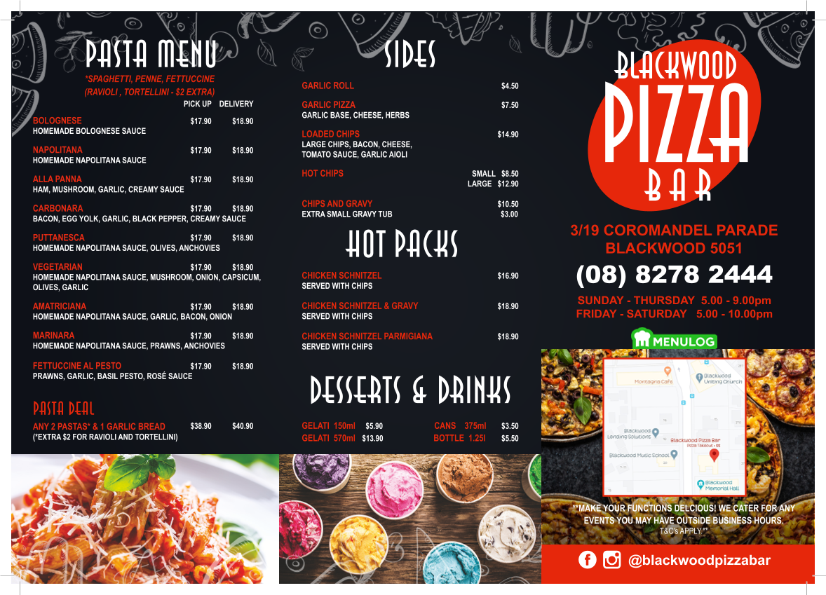Menu, Blackwood Pizza Bar