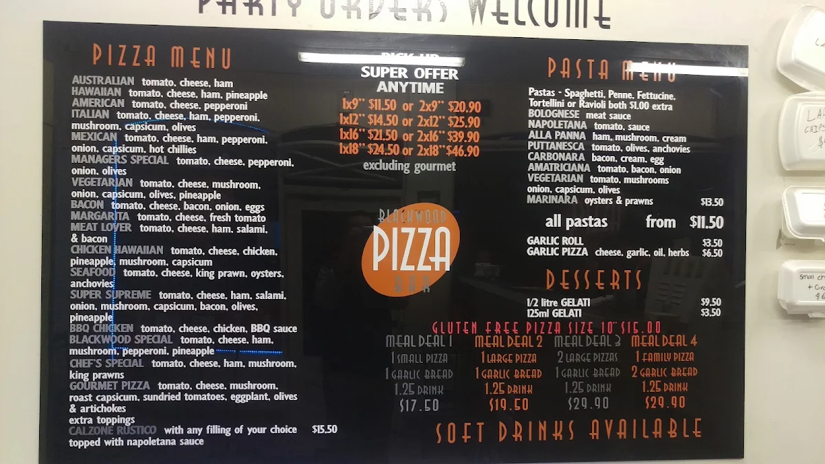 Menu, Blackwood Pizza Bar