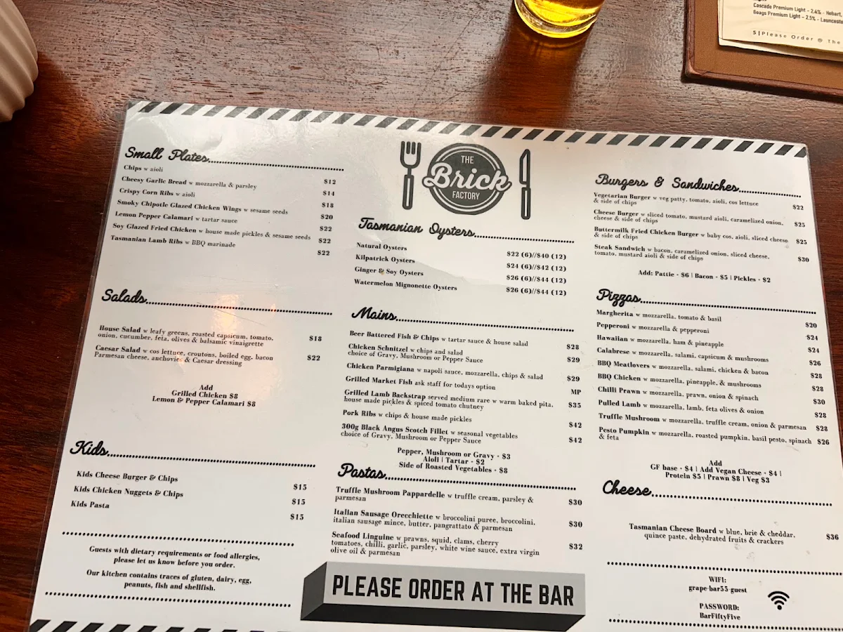 Menu, The Brick Factory