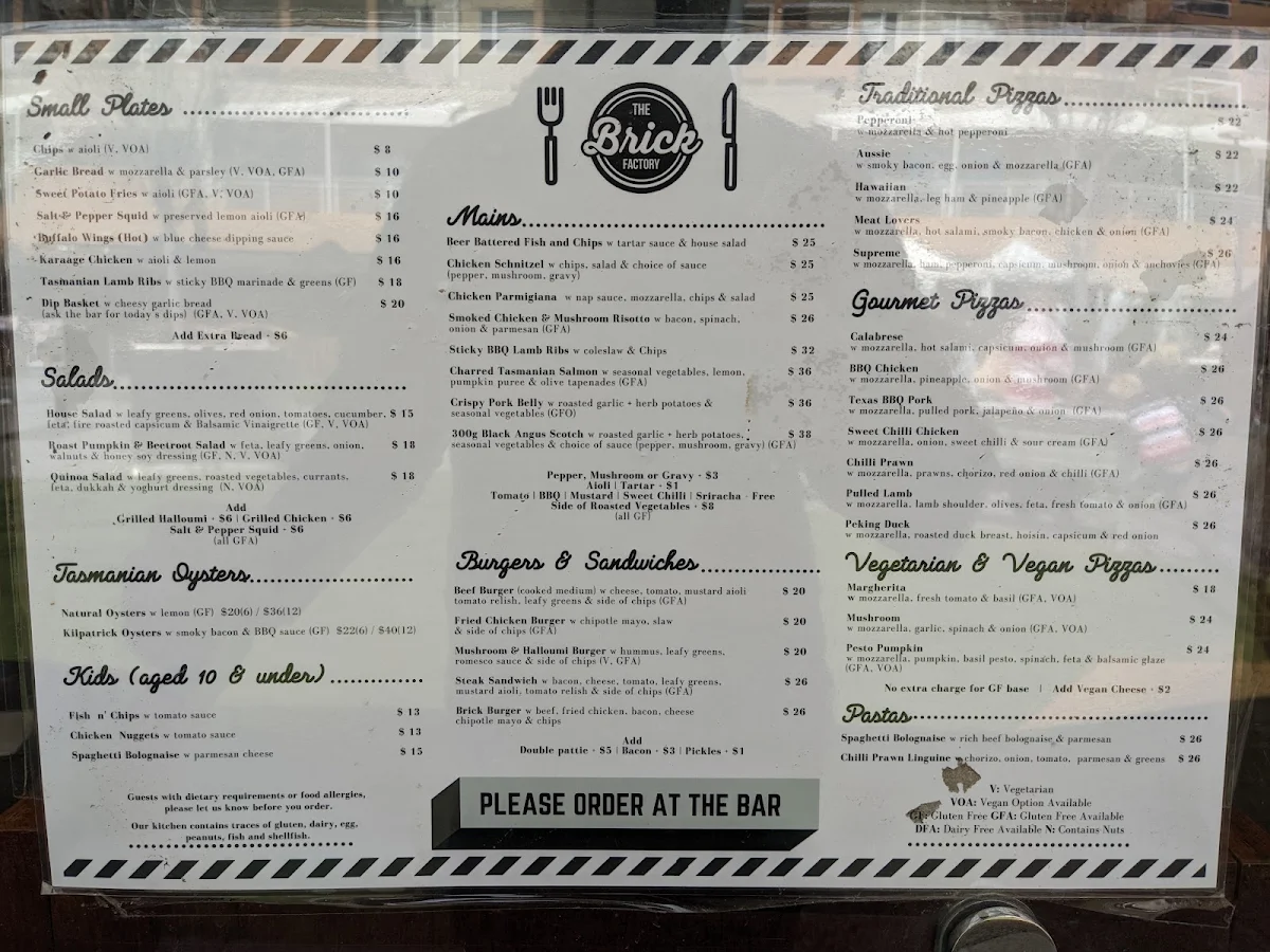 Menu, The Brick Factory