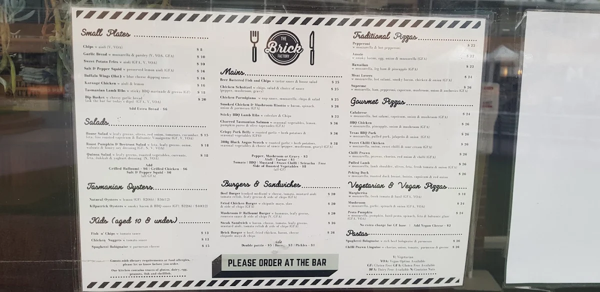 Menu, The Brick Factory
