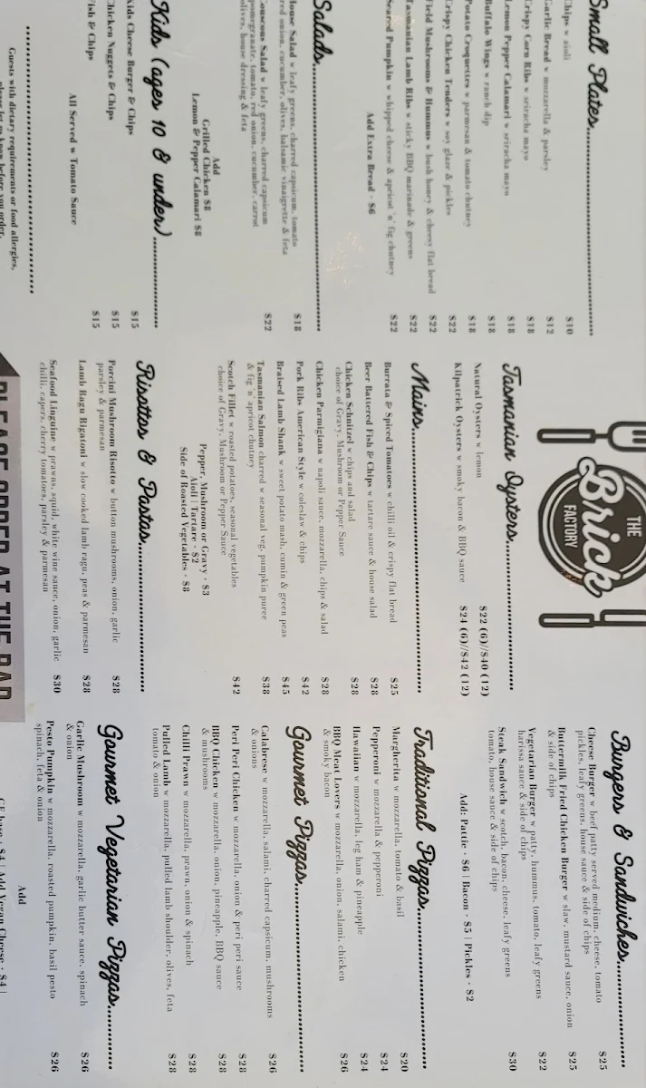 Menu, The Brick Factory