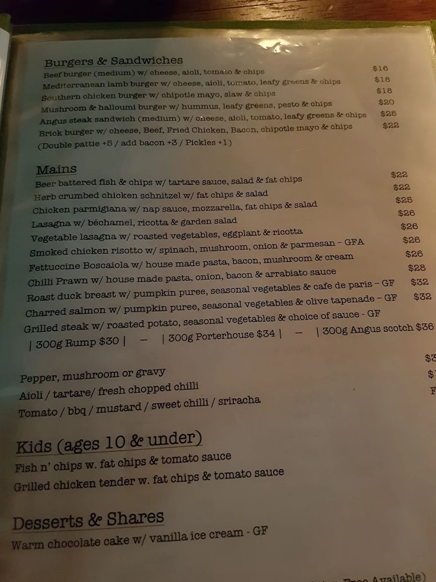 Menu, The Brick Factory