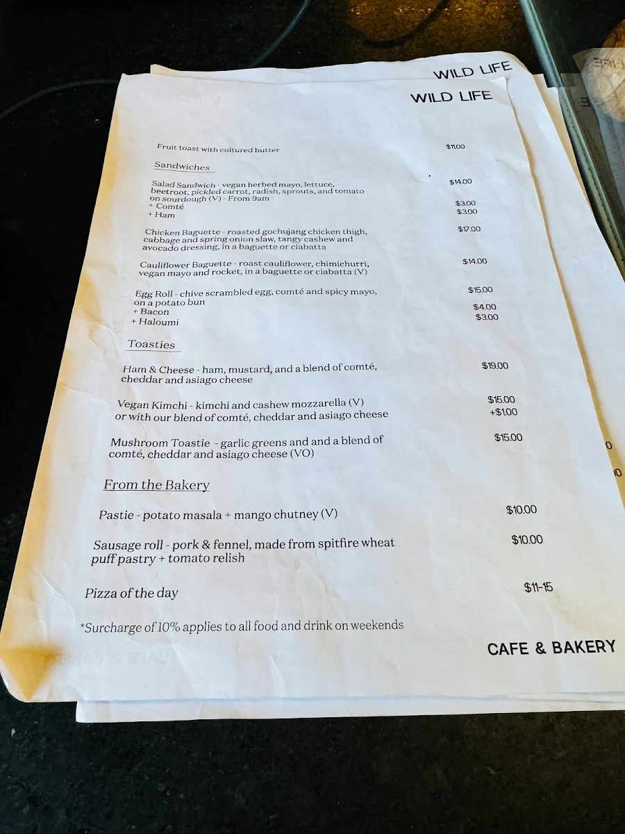 Menu, Wild Life Bakery