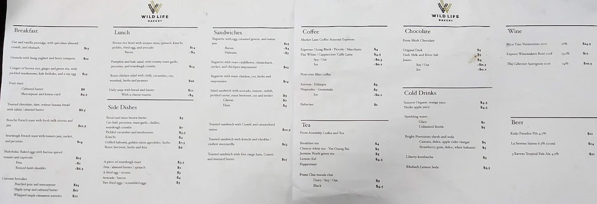 Menu, Wild Life Bakery