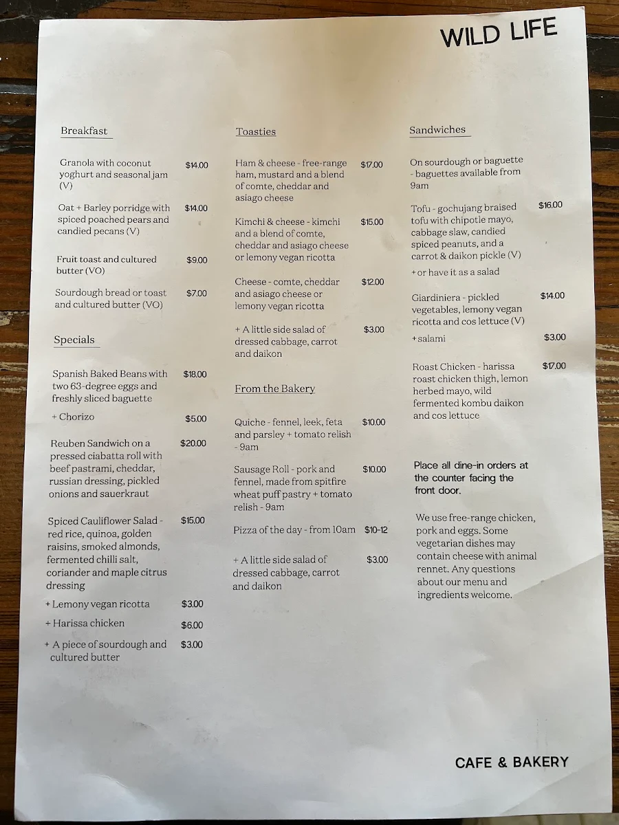 Menu, Wild Life Bakery