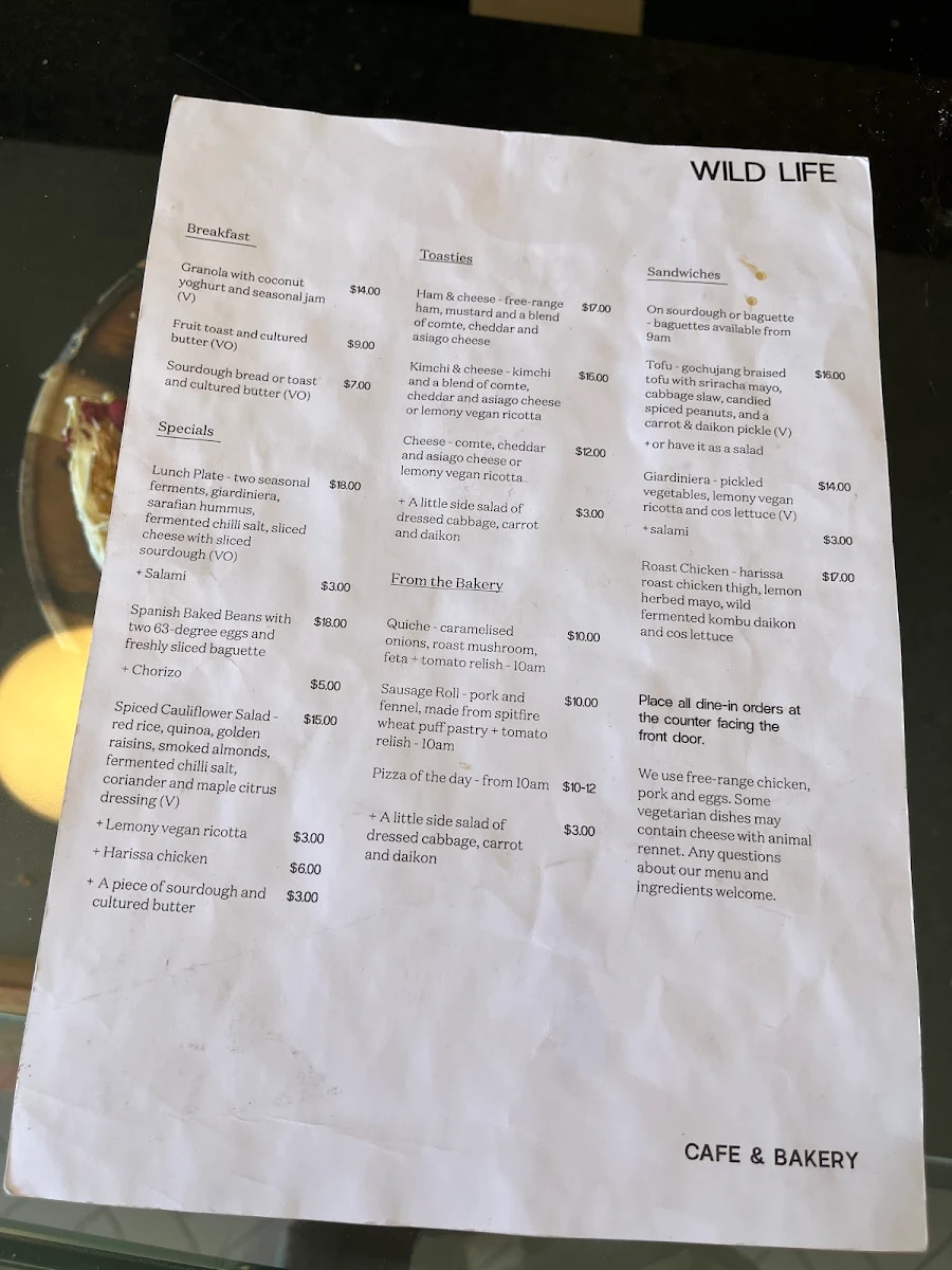 Menu, Wild Life Bakery