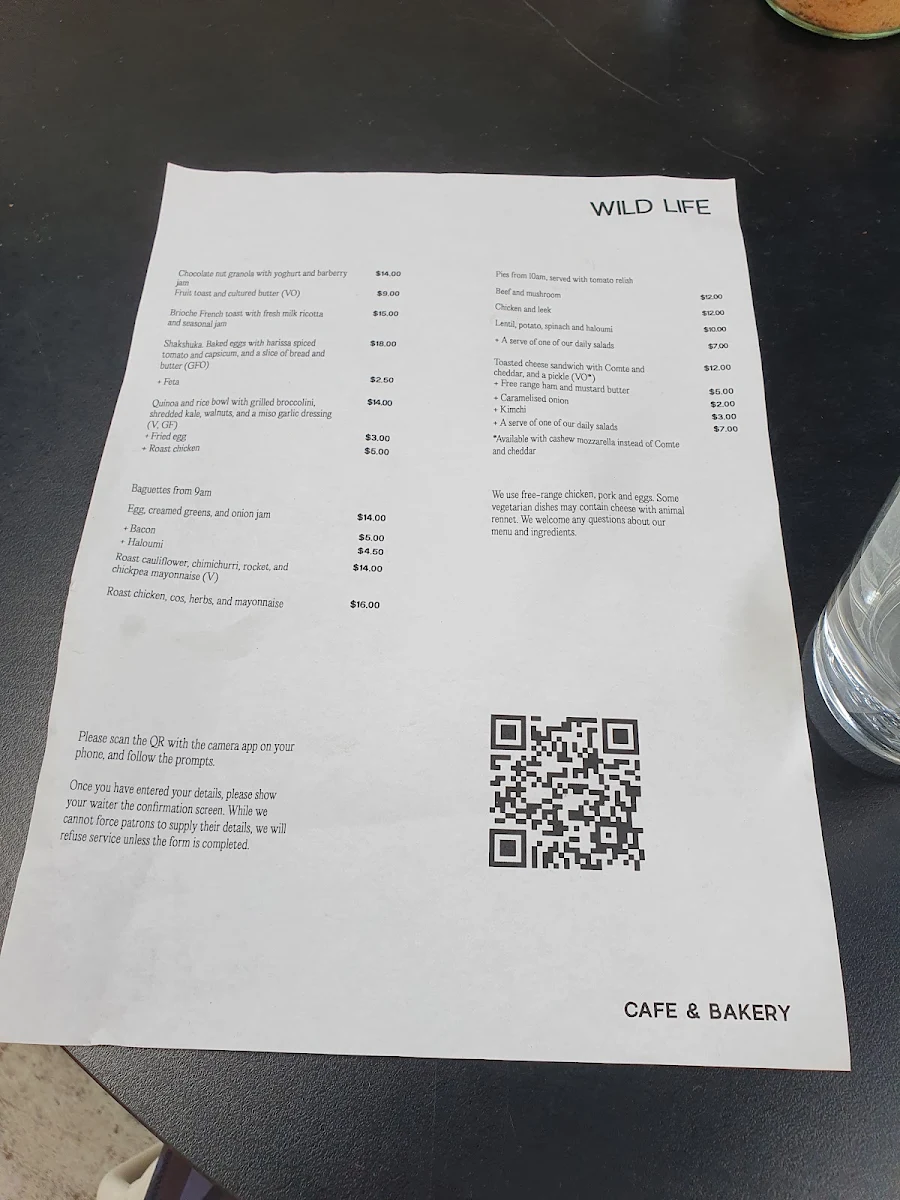 Menu, Wild Life Bakery