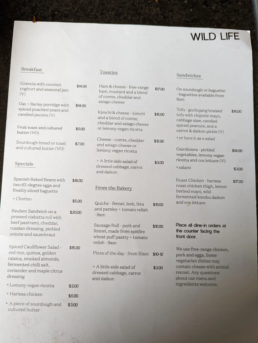 Menu, Wild Life Bakery